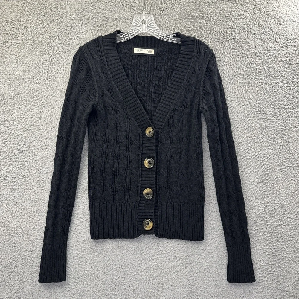 Y2K Old Navy Cable Knit Cardigan Sweater Black Retro‎ Preppy Academia Women's XS
